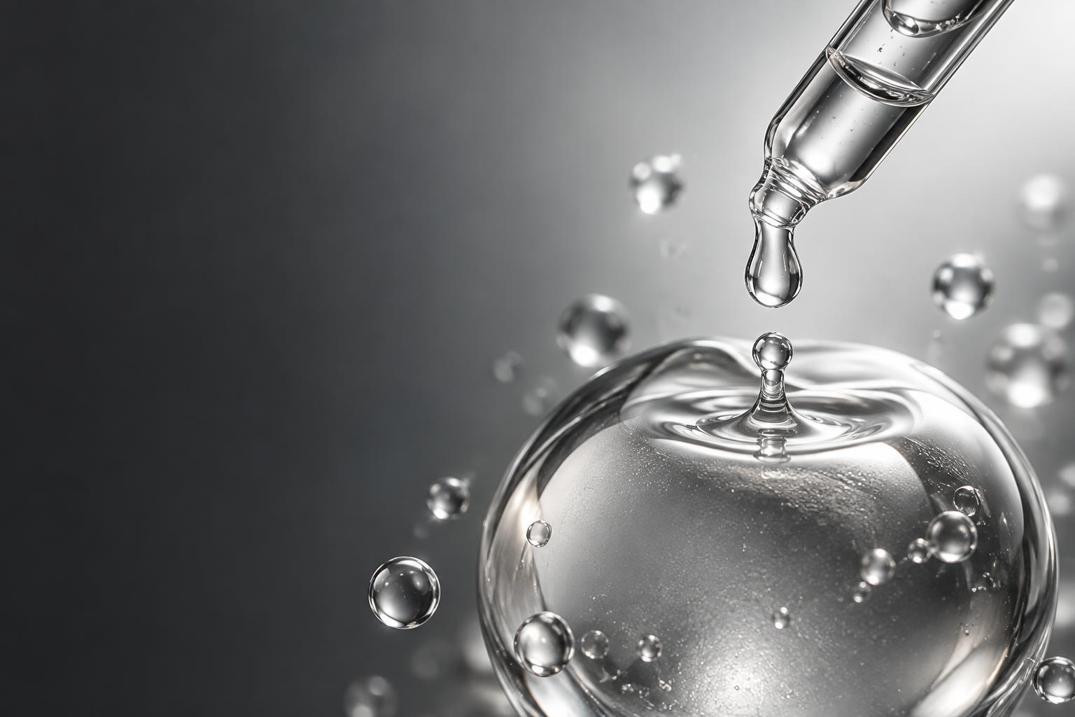 Abstract monochrome close-up of a single silver droplet falling from a glass pipette against a soft grey background